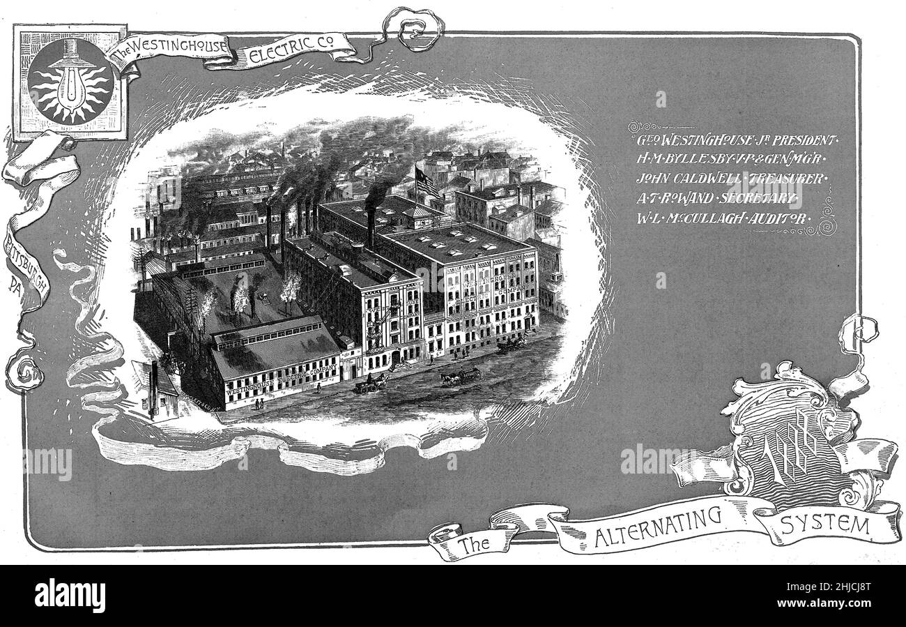 Engraving of Westinghouse Electric Company in Pittsburgh, Pennsylvania USA, 1888. This is from a Westinghouse brochure advertising their Alternating system. Stock Photo