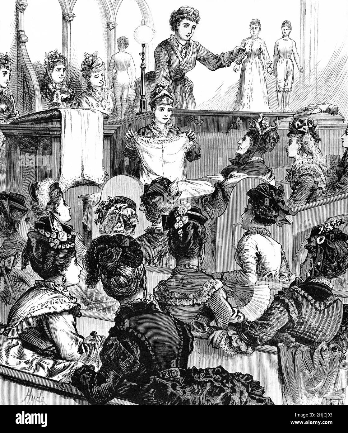 Women displaying comfortable women's undergarments to a female audience at the Ladies' Dress Reform Convention, Freeman Place Chapel, Boston, MA. Sketched by E.R. Morse and engraved by John N. Hyde. Frank Leslie's Illustrated Newspaper, 1874. The dress reform movement advocated for looser and more athletic undergarments for women and rejected the unhealthy corset. Stock Photo