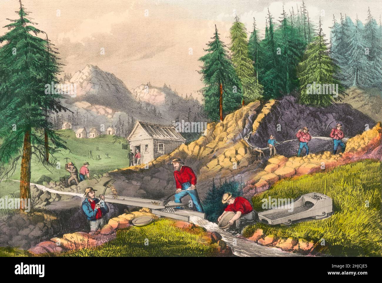 California gold miners shoveling sand from the stream into a sluice while one miner pans for gold in the same stream. The California Gold Rush began in 1848, when gold was found at Sutter's Mill in Coloma, California. Currier & Ives, 1871. Stock Photo