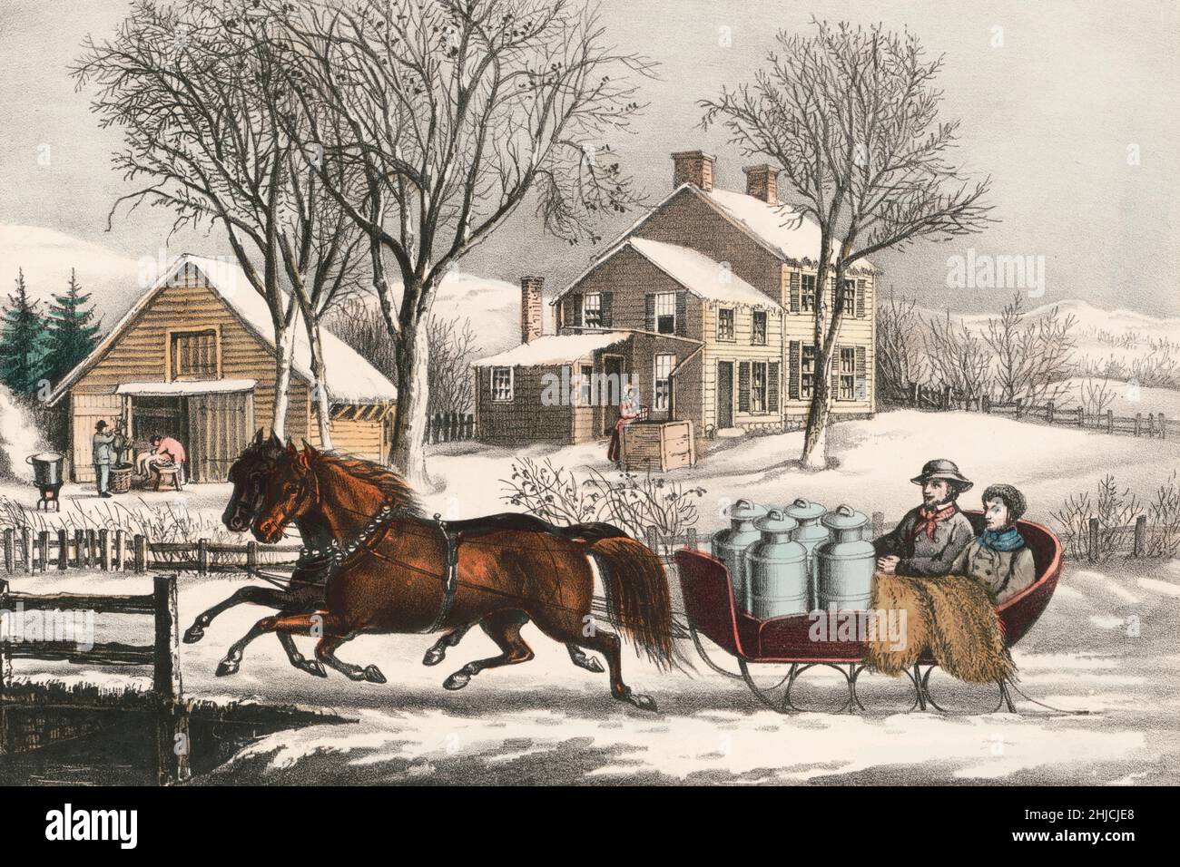 Snowy American winter morning in the country. The print shows two people riding in a horse-drawn sleigh with four milk cans. Hand-colored lithograph, Currier and Ives, 1873. Stock Photo