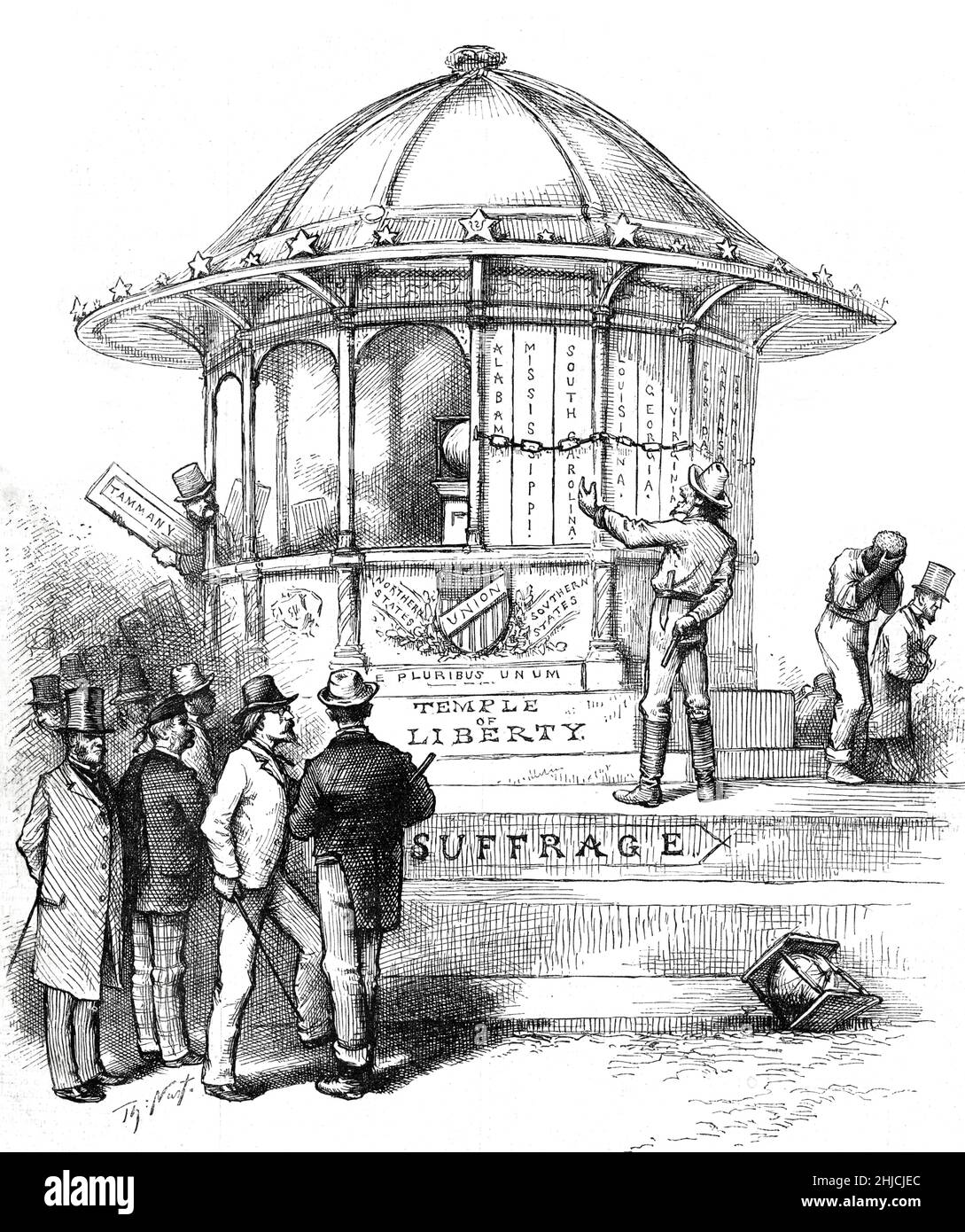 Illustration showing the Temple of Liberty boarded up by Southern states to disenfranchise black voters while inviting the North, represented by New York's Tammany Hall, to do the same. Thomas Nast (1840-1902), 1880. Stock Photo