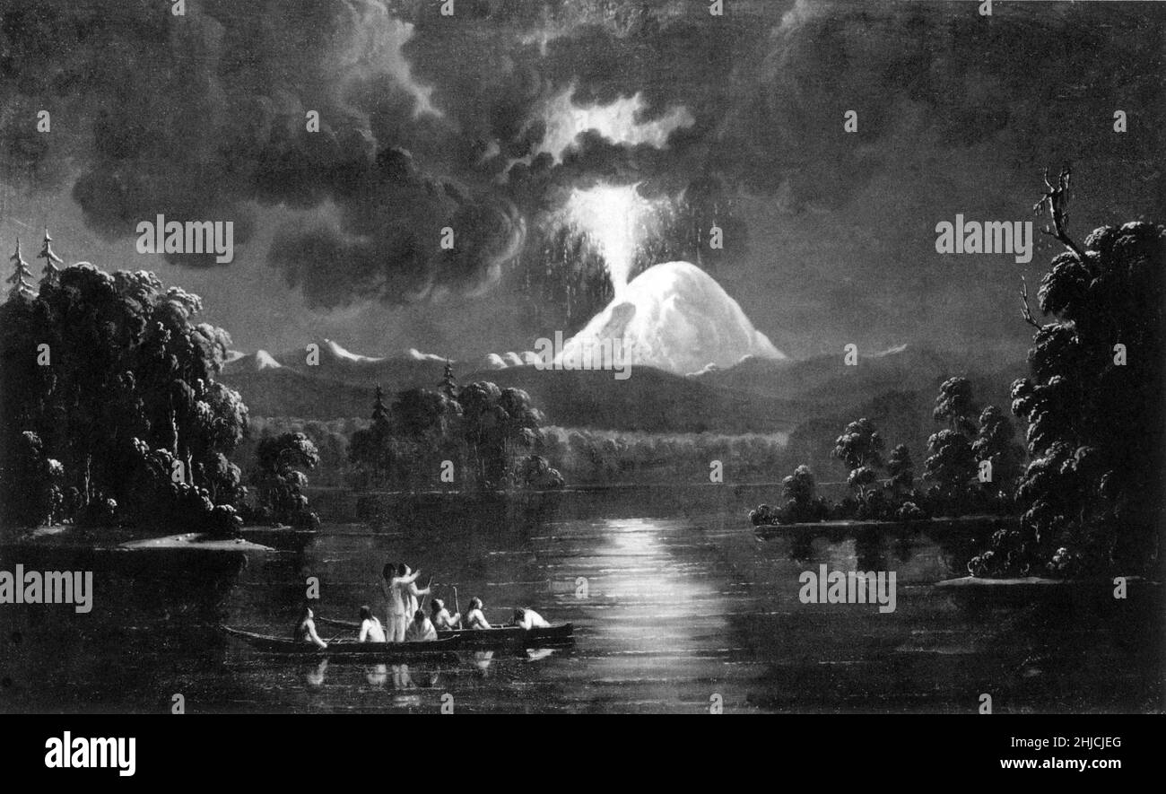 Native Americans on the Cowlitz River watching an eruption of Mount St. Helens, 1847. Cowlitz Indian legends tell of a time when Mount Rainier had an argument with his two wives, Mount St. Helens and Mount Adams. Mount St. Helens became jealous, blew her top, and knocked the head off Mount Rainier. Painted by Paul Kane (1810-1871). Stock Photo