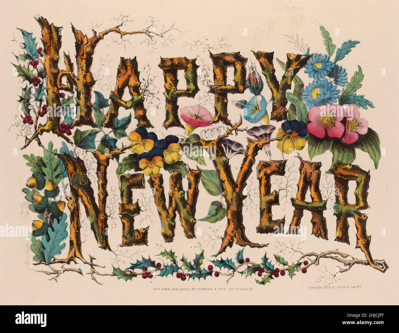 Happy New Year, a hand-colored lithograph. Currier & Ives, 1876. Stock Photo