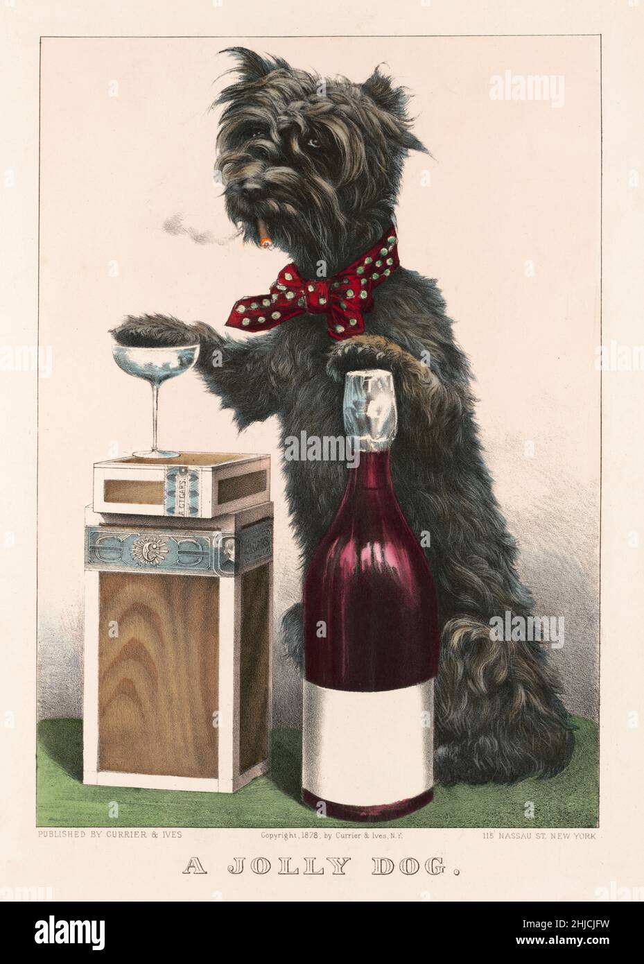 A jolly dog with cigars and booze. Hand-colored lithograph, Currier & Ives, 1878. Stock Photo