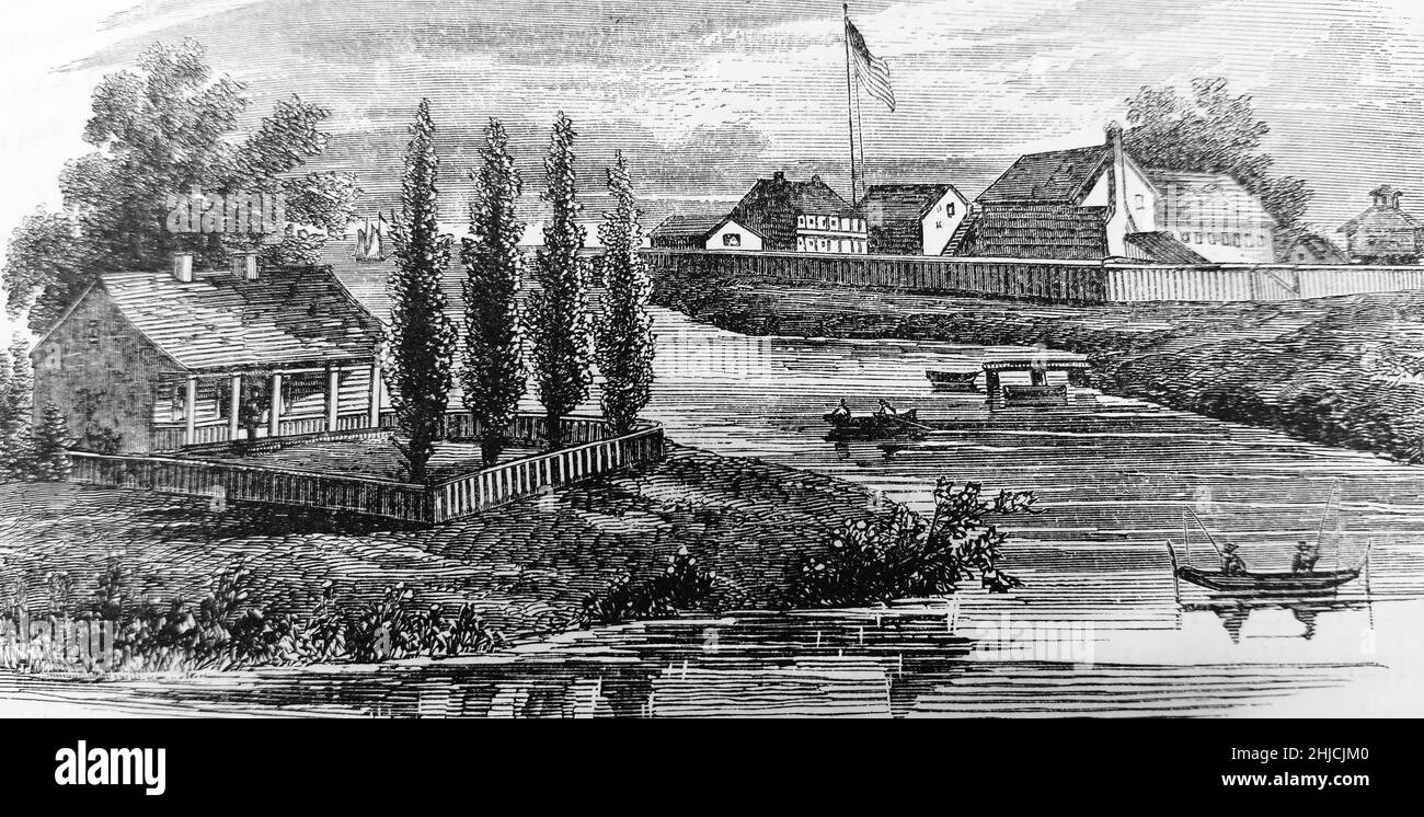 Fort Dearborn (now Chicago, Illinois) was first built in 1803 beside the Chicago River and was destroyed during the War of 1812. It was reconstructed in 1816 but by 1837 had been decommissioned. It was completely destroyed in 1871 in the Great Chicago Fire. From The Pictorial Field Book of the War of 1812 by Benson Lossing. Stock Photo