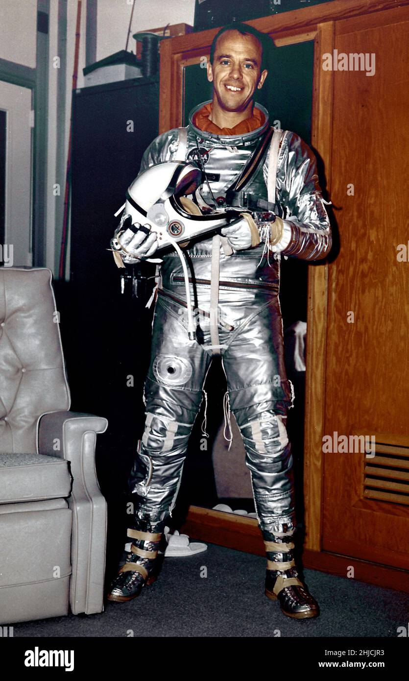Astronaut Alan B. Shepard, one of the original seven astronauts for Mercury Project selected by NASA on April 27, 1959. The Freedom 7 spacecraft boosted by Mercury-Redstone vehicle for the MR-3 mission made the first manned suborbital flight and Astronaut Shepard became the first American in space. 09.09.1963 Stock Photo