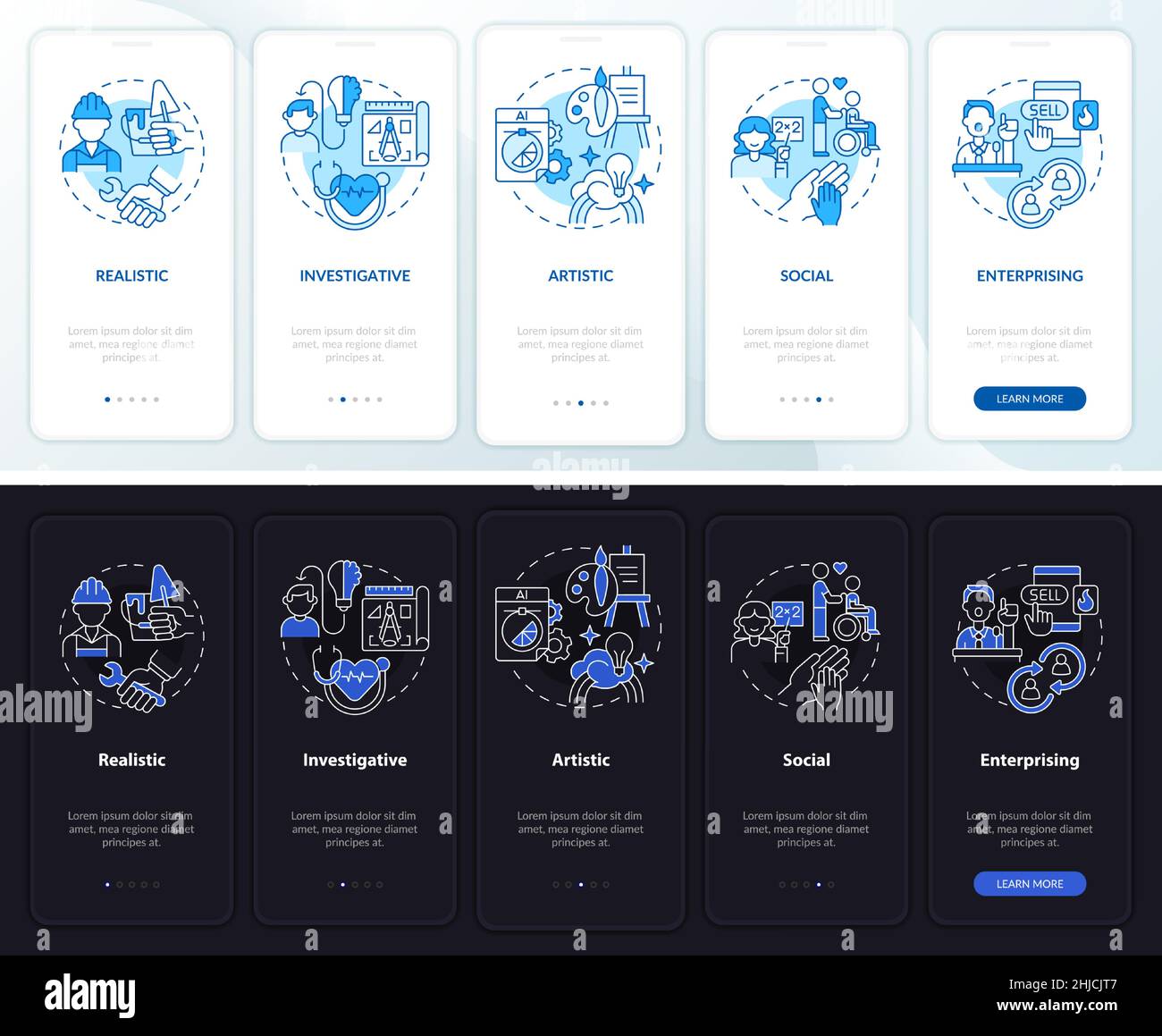 Work environment kinds night and day mode onboarding mobile app screen Stock Vector
