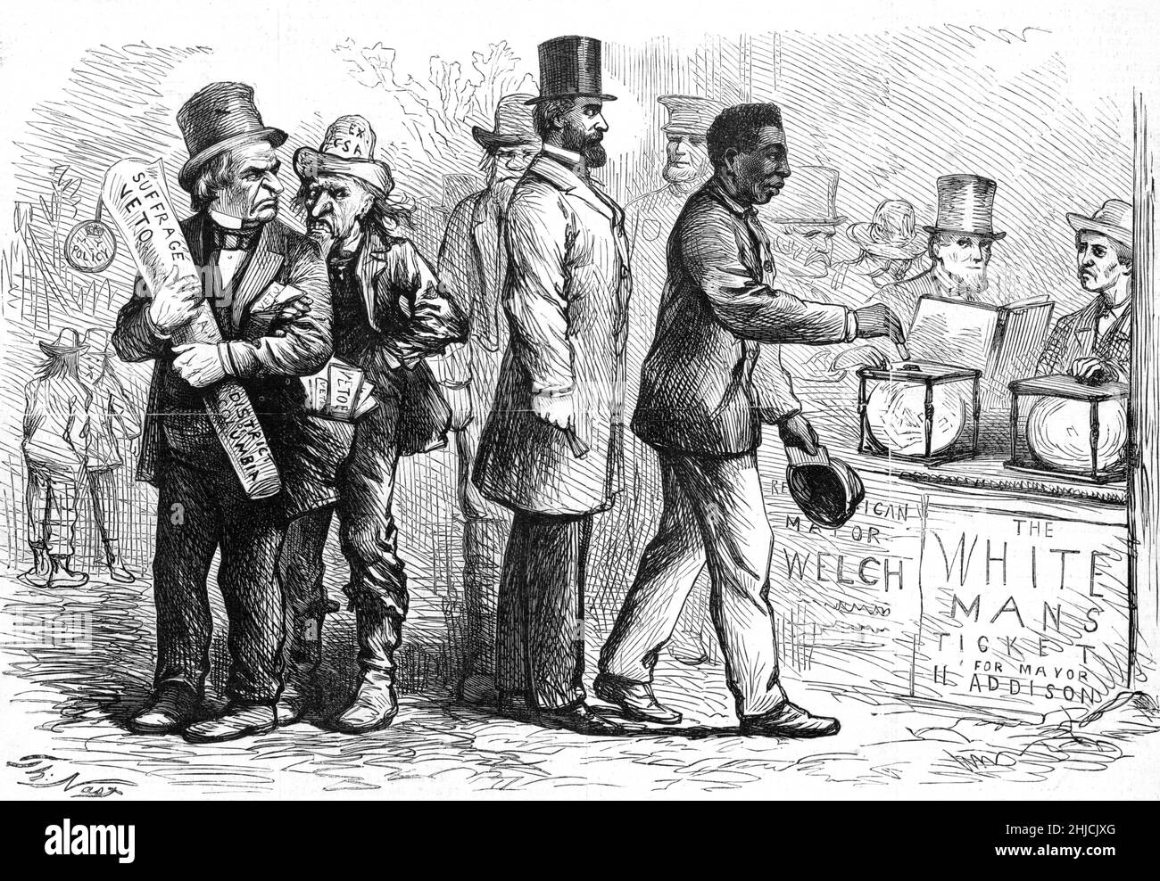 Illustration showing several men at a polling place where a black man places his ballot in the box for 'Re[publ]ican Mayor Welch' which is next to the empty ballot box for 'The White Mans Ticket for Mayor H. Addison.' President Andrew Johnson is standing on the left, holding his 'Suffrage Veto'; additional 'Veto[s]' are stuffed into his coat pocket. Stock Photo