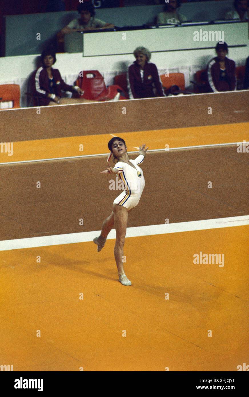 Romanian gymnast Nadia Comaneci (born 1961) at the 1976 Montreal Olympics. Comaneci won five Olympic gold medals in the sport between 1976 and 1980. Stock Photo