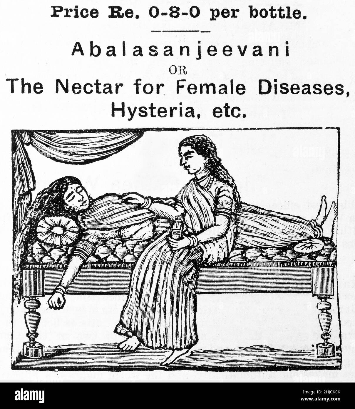 An advertisement for 'Abalasanjeevani or The Nectar for Female Diseases, Hysteria, etc.' This was a tonic created by Pandit Gopalacharlu, who was born in 1872 at Machilipatnam in India. He studied ayurveda in Mysore and in 1898 started the Ayurvedasramam to popularize ayurvedic medicine. Ayurvedic medicine is a system of Hindu traditional medicine. The oldest known Ayurvedic texts are the Susrutha Samhita and the Charaka Samhita. Stock Photo