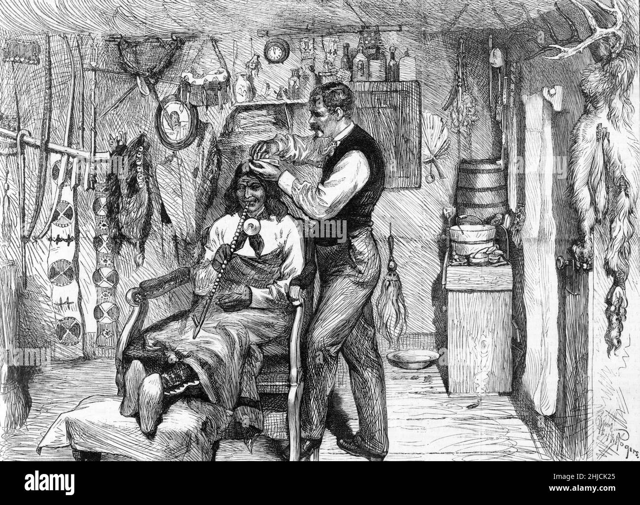 A Native American chief having his hair dressed in a barber's shop at Standing Rock, Dakota Territory. Illustration by William A. Rogers from Harper's Weekly, March 15, 1879. Stock Photo