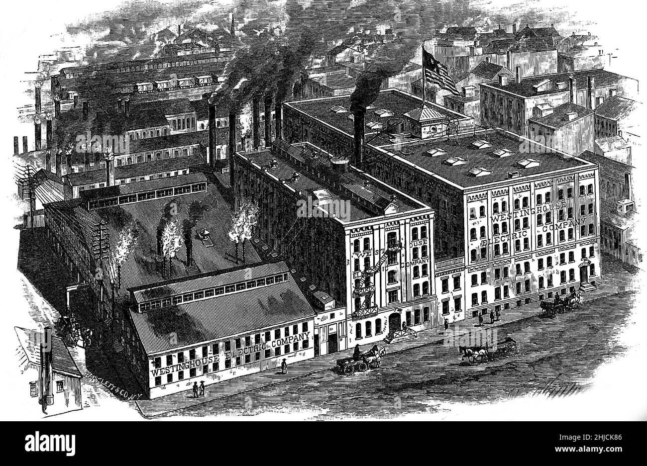 Engraving of Westinghouse Electric Company in Pittsburgh, Pennsylvania USA, 1888. This is from a Westinghouse brochure advertising their Alternating system. Stock Photo