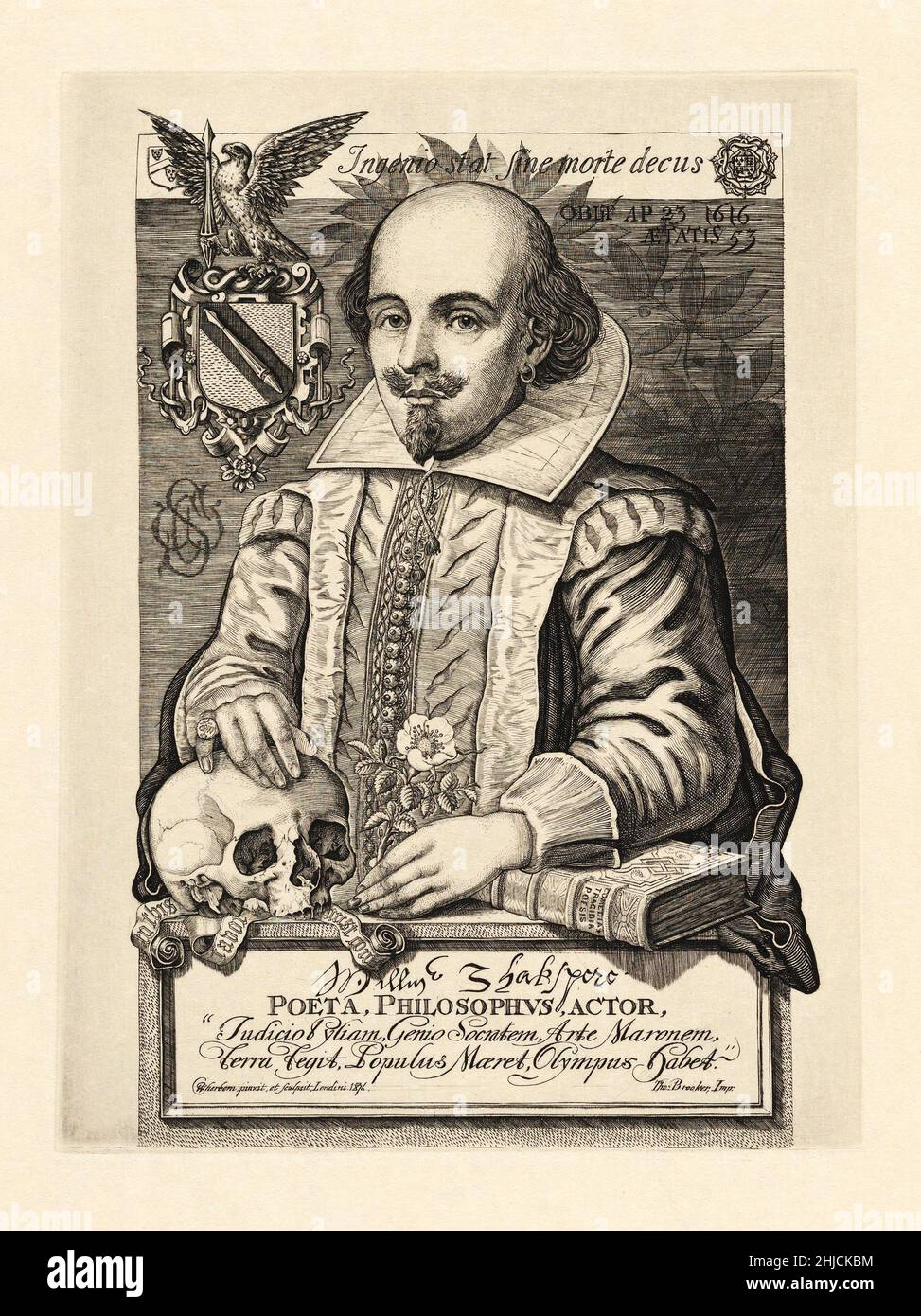 Derived from the famous sculpted effigy in Holy Trinity Church at Stratford-upon-Avon, this portrait shows Shakespeare wearing a doublet, winged collar, earring and goatee. Laurels behind the head form a secular halo, and the subject is surrounded by emblematic objects: a skull, Tudor rose, and volume labeled 'Comedia, Tragedia, Poesia,' with a plaque below lauding the Bard as poet, philosopher and actor. Engraving by Charles William Sherborn, circa 1876. Stock Photo