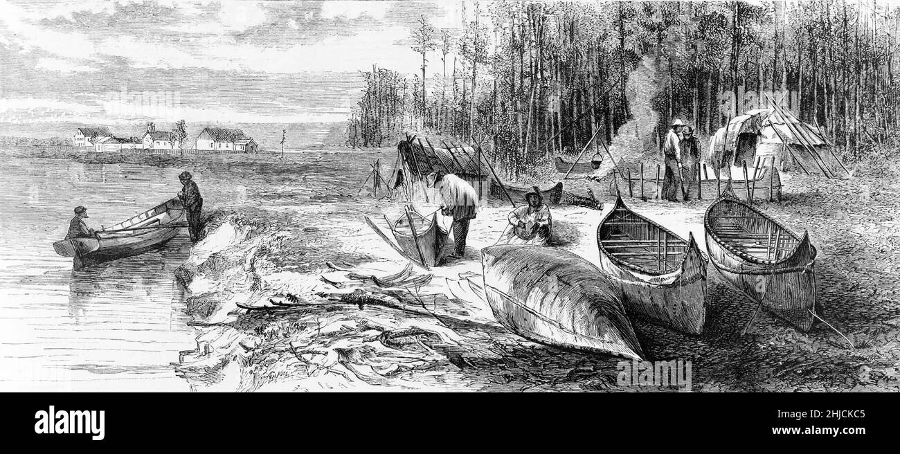 Wood engraving showing Native Americans making birch-bark canoes. Illustration from Harper's weekly, August 5, 1871. Stock Photo