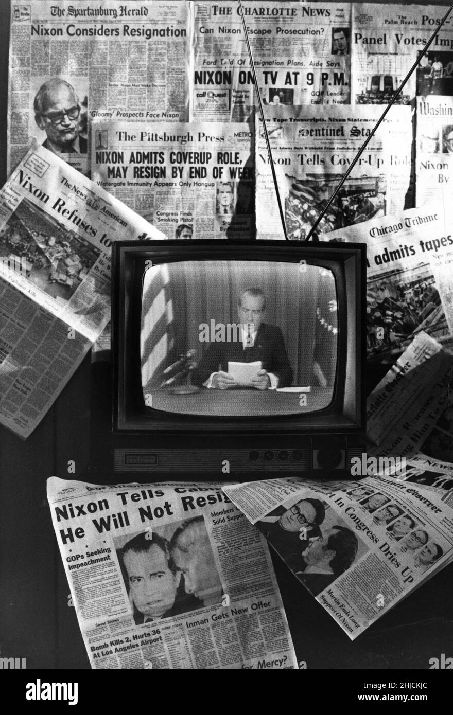 Collage representing former President Richard Milhous Nixon's (1913-1994) resignation from office on August 8, 1974. Stock Photo