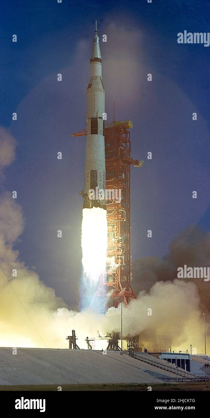 The huge, 363-feet tall Apollo 11 (Spacecraft 107 Lunar Module 5/Saturn 506) space vehicle is launched from Pad A, Launch Complex 39, Kennedy Space Center at 9:32 a.m., July 16, 1969. Aboard the Apollo 11 spacecraft are astronauts Neil A. Armstrong, commander; Michael Collins, command module pilot; and Edwin E. Aldrin Jr., lunar module pilot. Apollo 11 was the United States' first lunar landing mission. Stock Photo