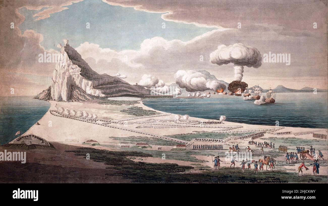 Panorama of naval attack on fortified Gibraltar by French and Spanish warships, showing a ship exploding (with mushroom-shaped cloud), September 13, 1782. The Great Siege of Gibraltar was an unsuccessful attempt by Spain and France to capture Gibraltar from the British in the aftermath of the American Revolution. Colored aquatint published by W. Faden, August 1, 1783, after G. F. Koehler. Stock Photo