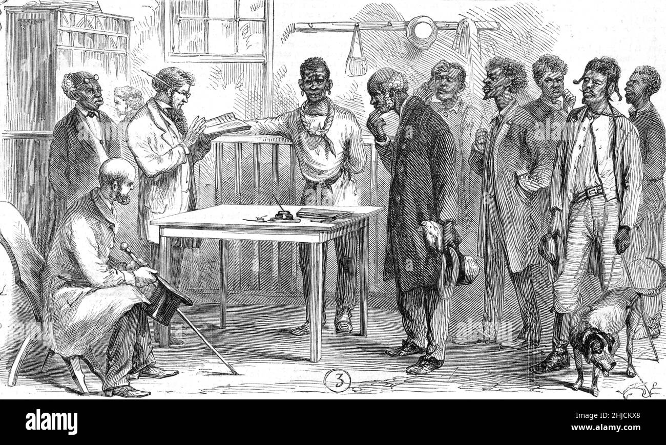 Free black men registering to vote at the registration office in Macon, Georgia, after the end of the Civil War. Illustration by James E. Taylor from Frank Leslie's Illustrated Newspaper, November 30, 1867. Stock Photo