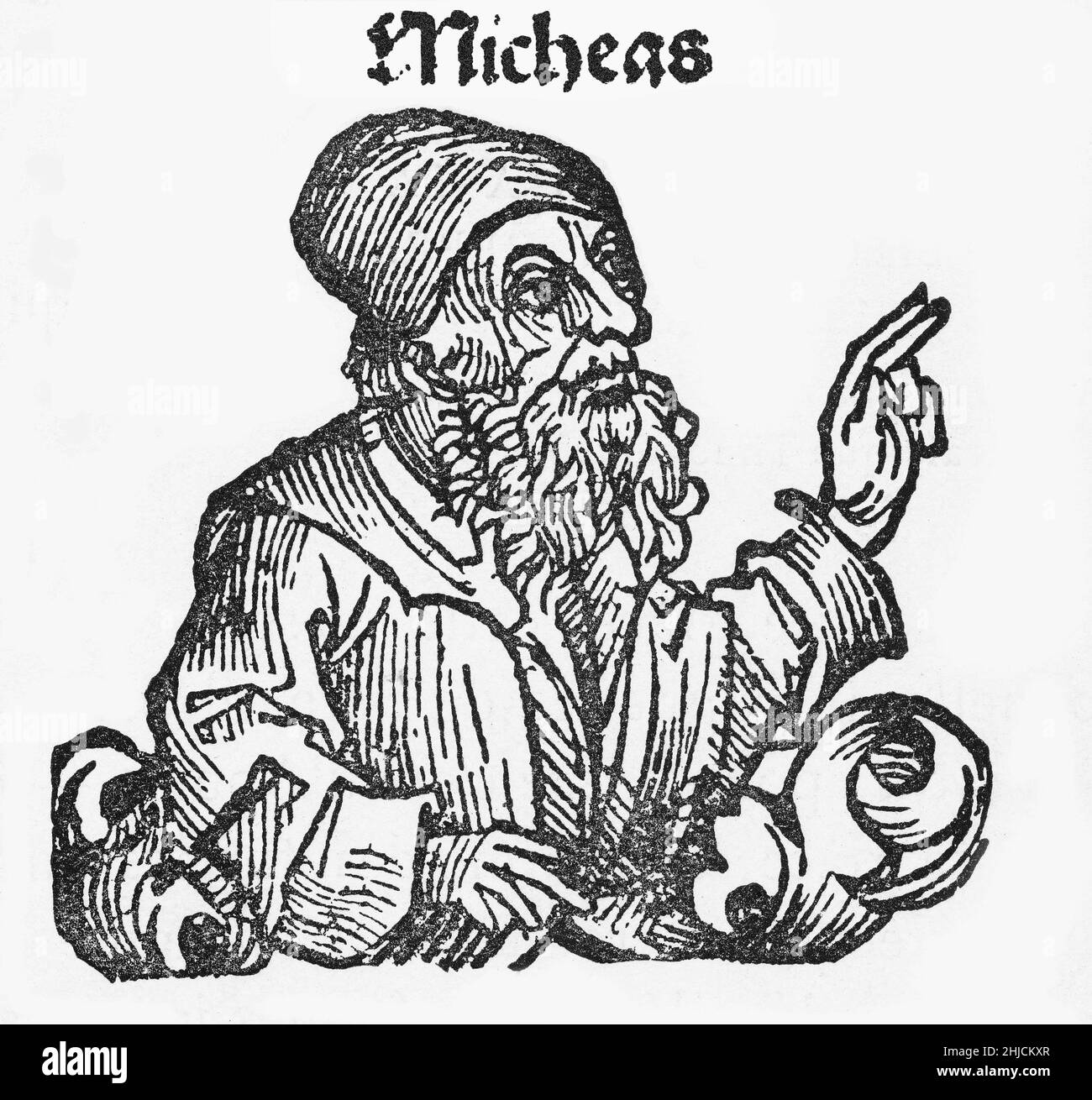 Illustration of Micheas, from the Nuremberg Chronicle, circa 1493. Micheas, or Micah, was an 8th century prophet. He is the author of the Book of Micah of the Hebrew Bible. Stock Photo