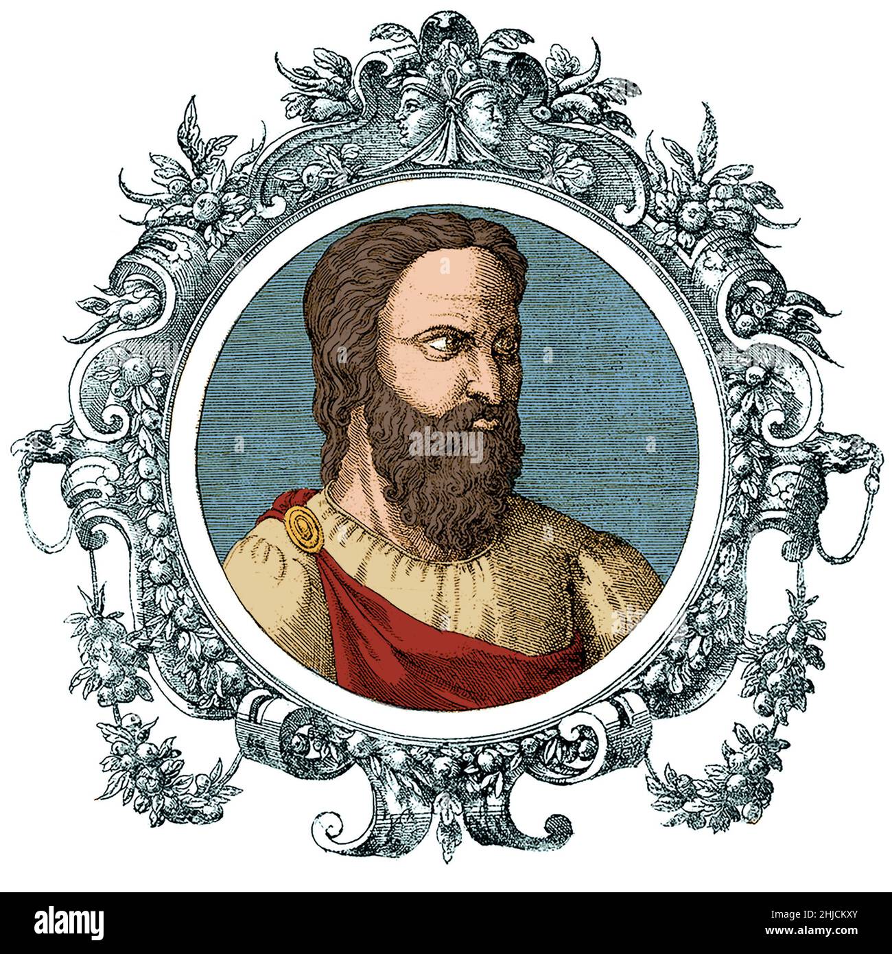 Aretaeus was a celebrated Greek physician who probably lived in Cappadocia in the second half of the second century AD, part of the Roman Empire. His eight treatises on diseases are among the most important Greco-Roman medical works. He wrote the first known descriptions of celiac disease and diabetes, and refined definitions of many other diseases. Colorized. Stock Photo