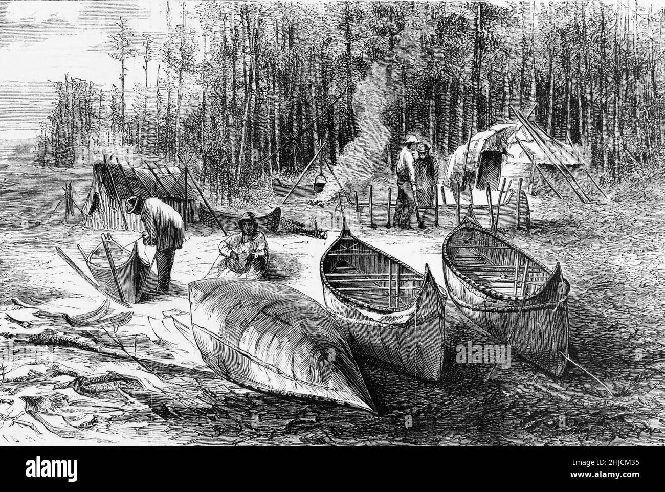 Wood engraving showing Native Americans making birch-bark canoes. Illustration from Harper's weekly, August 5, 1871. Stock Photo