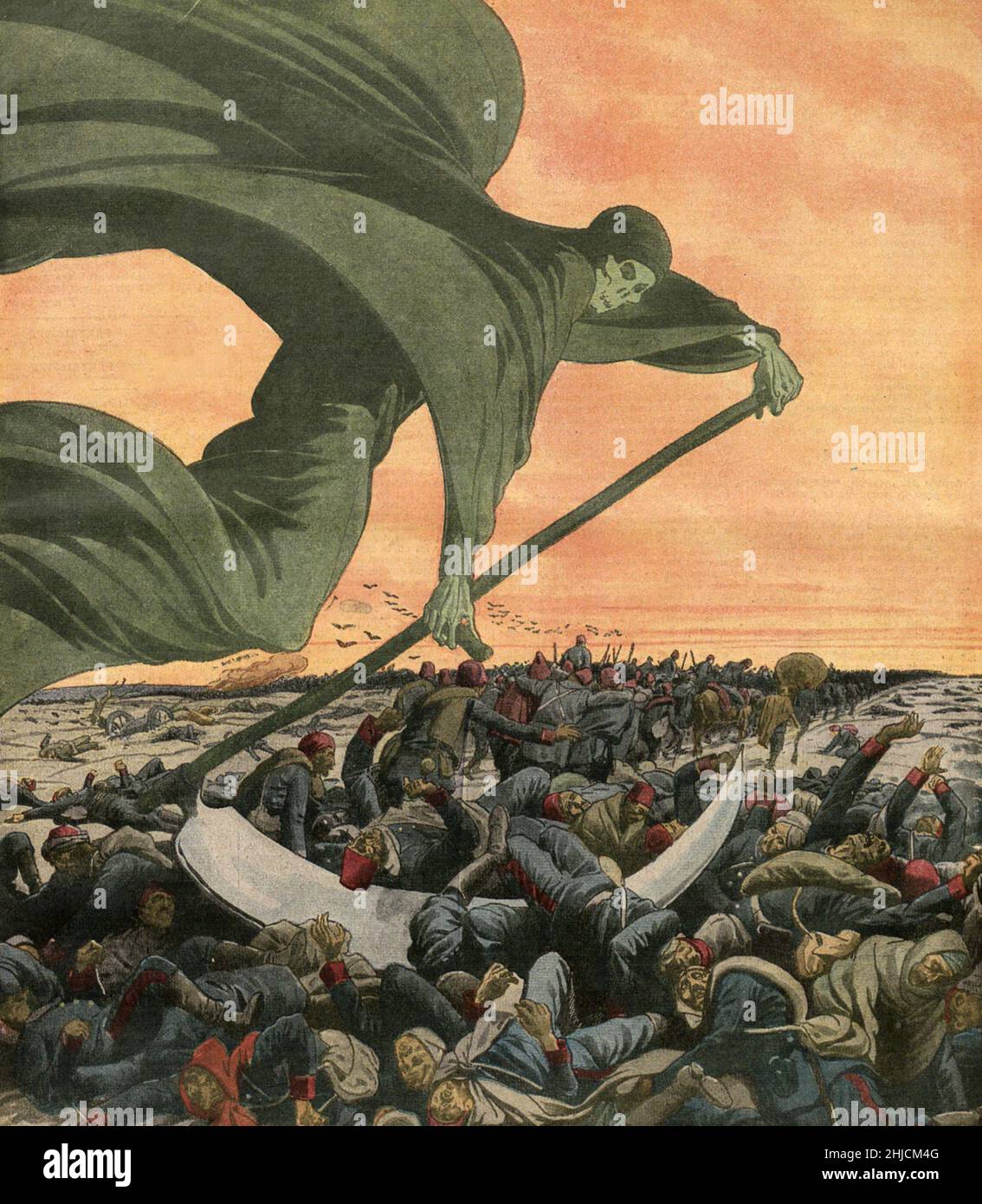 Drawing of Death bringing cholera to soldiers during the First Balkan War (1912-13). Cover of Le Petit Journal, 1912. Cholera is an infection of the small intestine by some strains of the bacterium Vibrio cholerae. It is spread mostly by water and food contaminated with human feces containing Vibrio cholerae. Originally thought to have been caused by 'foul air,' the real cause was identified by John Snow between 1849 and 1854. Stock Photo