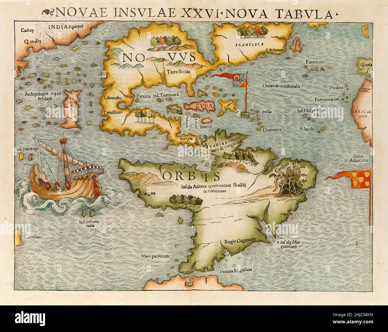 Map of showing North and South America as the New World. The map first appeared in Sebastian M√ºnster's Cosmographia in 1544. It is considered the first to show the entire continents of North and South America. Stock Photo