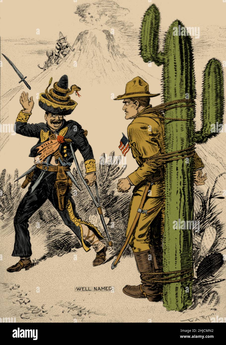 Pancho Villa, dressed in Mexican attire, looking at John Pershing tied to a cactus, with volcano in background. The Pancho Villa Expedition was a military operation conducted by the US Army against the forces of Mexican revolutionary Pancho Villa from March 1916 - February 1917, during the Mexican Revolution of 1910-20.  William Allen Rogers, New York Herald, November 26, 1916 (color-enhanced). Stock Photo