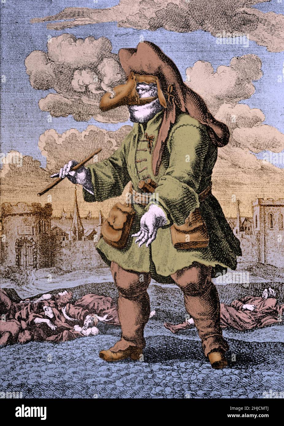 Satirical engraving of a doctor during the Great Plague of Marseille, circa 1720. Portrayed as a quack, he is wearing a nose-bag filled with smoking herbs and other items meant to repel the plague. The wand is for taking a pulse. Colorization of an etching after an illustration by Johann Melchior F√ºssli (1677‚Äì1736) circa 1721. Stock Photo