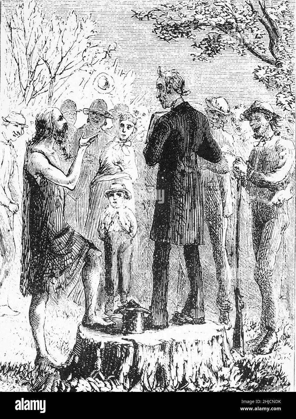 An illustration of Johnny Appleseed delivering a speech, circa 1820.  Published November 1871 in Harper's New Monthly Magazine. John Chapman (1774-1845), better known as Johnny Appleseed, was an American pioneer nurseryman who introduced apple trees to large parts of Pennsylvania, Ohio, Indiana, Illinois and Ontario, as well as the northern counties of present-day West Virginia. He became an American legend with his tree-planting activities. Stock Photo