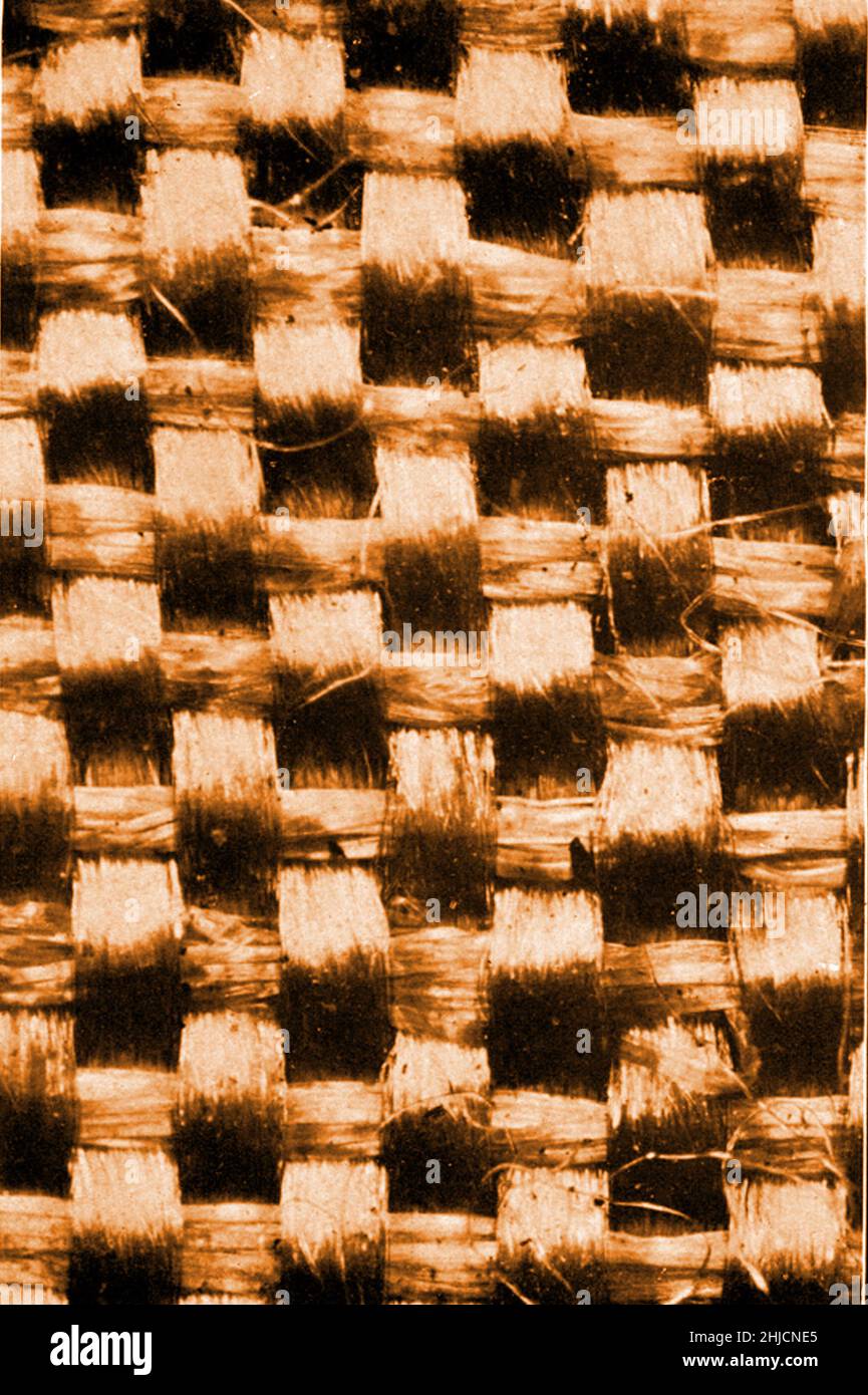 Fine silk. Magnification: 50x. Photomicrograph made by Arthur E Smith in the early 1900s, using a combined microscope and camera. In 1904, the Royal Society in London exhibited a series of Smith's photomicrographs to the public. They were later published in 1909 in a book called 'Nature Through Microscope & Camera.' They were the first examples of photomicroscopy many had ever seen. Stock Photo