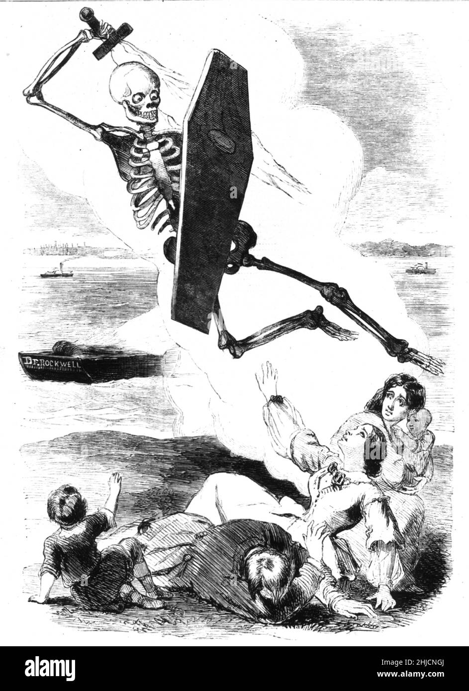 A 19th c. illustration from Harper's Magazine: 'The Quarantine Question. Death, rising from the iron scow, and scattering pestilence among the people. 'While the Angel of Death rides on the fumes of the iron scow, and infected airs and wafted to our shores from the anchorage, we shall have no security against these annual visitations of pestilence' - Dr. Anderson's speech.' Stock Photo