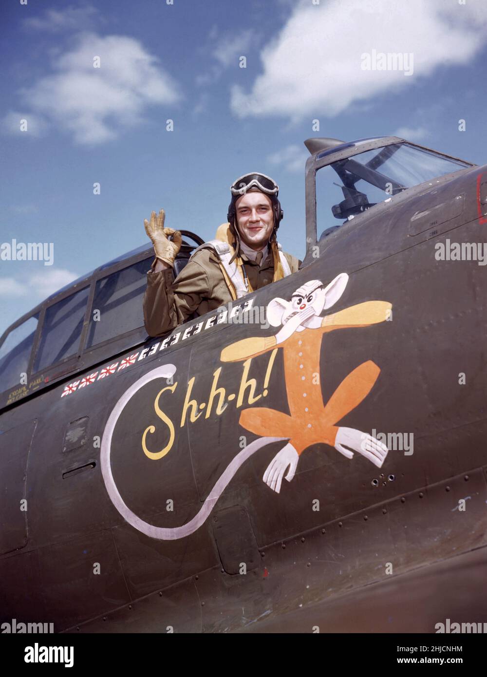 Pilot in a warplane during World War II. Stock Photo