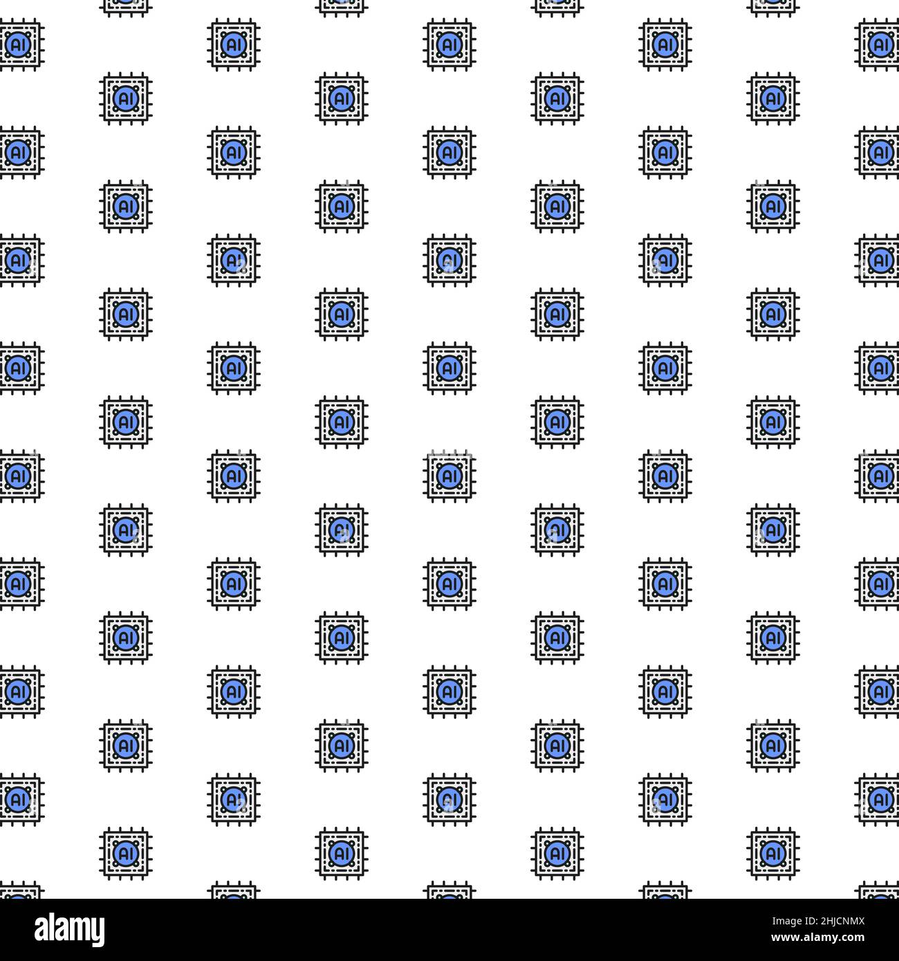 Artificial intelligence chip, electronic circuit, processor pattern with various icons. Stock Vector