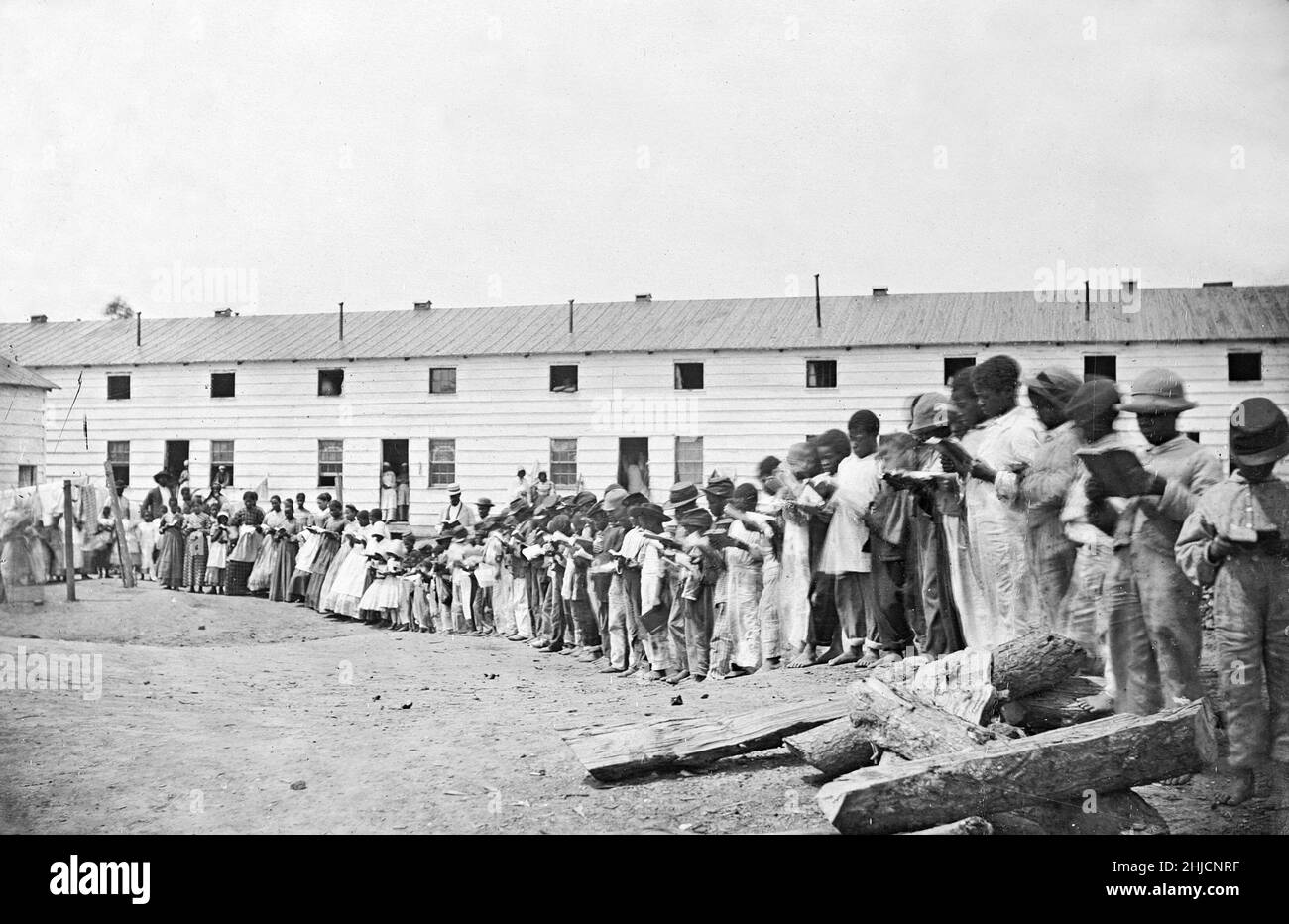 Contraband School, American Civil War era, circa 1861-65. Photo by Mathew Brady. Contraband was a term commonly used in the US military during the Civil War to describe a new status for certain escaped slaves or those who affiliated with Union forces. Stock Photo