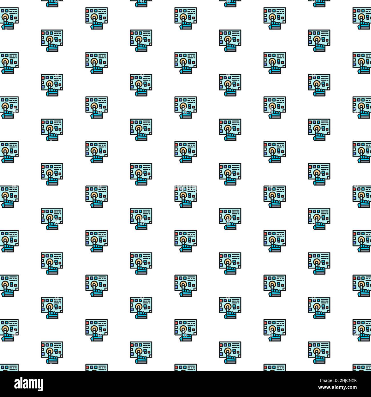 Robot arm presses on the button pattern with various icons. Stock Vector