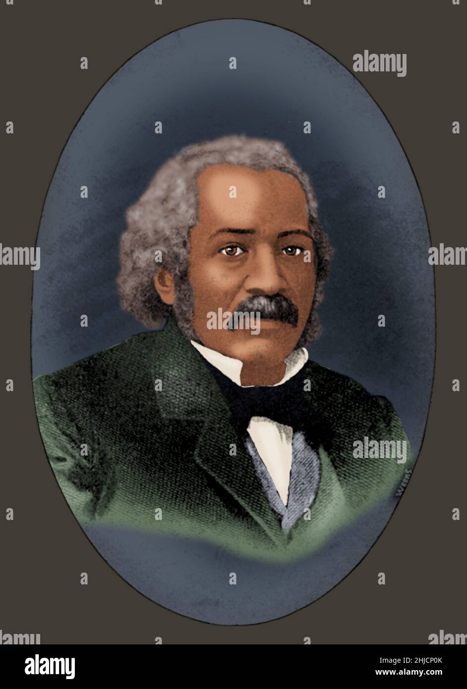 James McCune Smith (1813 - 1865) was an African-American physician, abolitionist, and author. Born a slave he moved to Scotland to attend the University of Glasgow and graduated at the top in his class. He was the first African-American to run a pharmacy in the US. He was a prolific author and essayist of articles relating to not only medicine, but abolition and the emerging science of statistics. Weeks, 1888 (cropped and cleaned). Colorized. Stock Photo