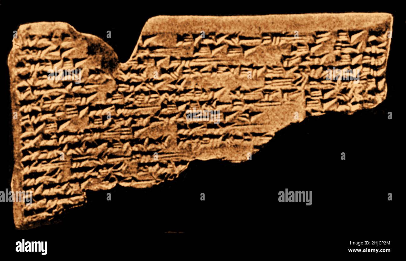 The Amarna tablets are an archive, written on clay tablets, primarily consisting of diplomatic correspondence between the Egyptian administration and its representatives in Canaan and Amurru during the New Kingdom. The Amarna letters are unusual in Egyptological research, because they are mostly written in Akkadian cuneiform, the writing system of ancient Mesopotamia, rather than that of ancient Egypt. Photo from The Story of the Alphabet by Edward Clodd, 1900. Colorized. Stock Photo