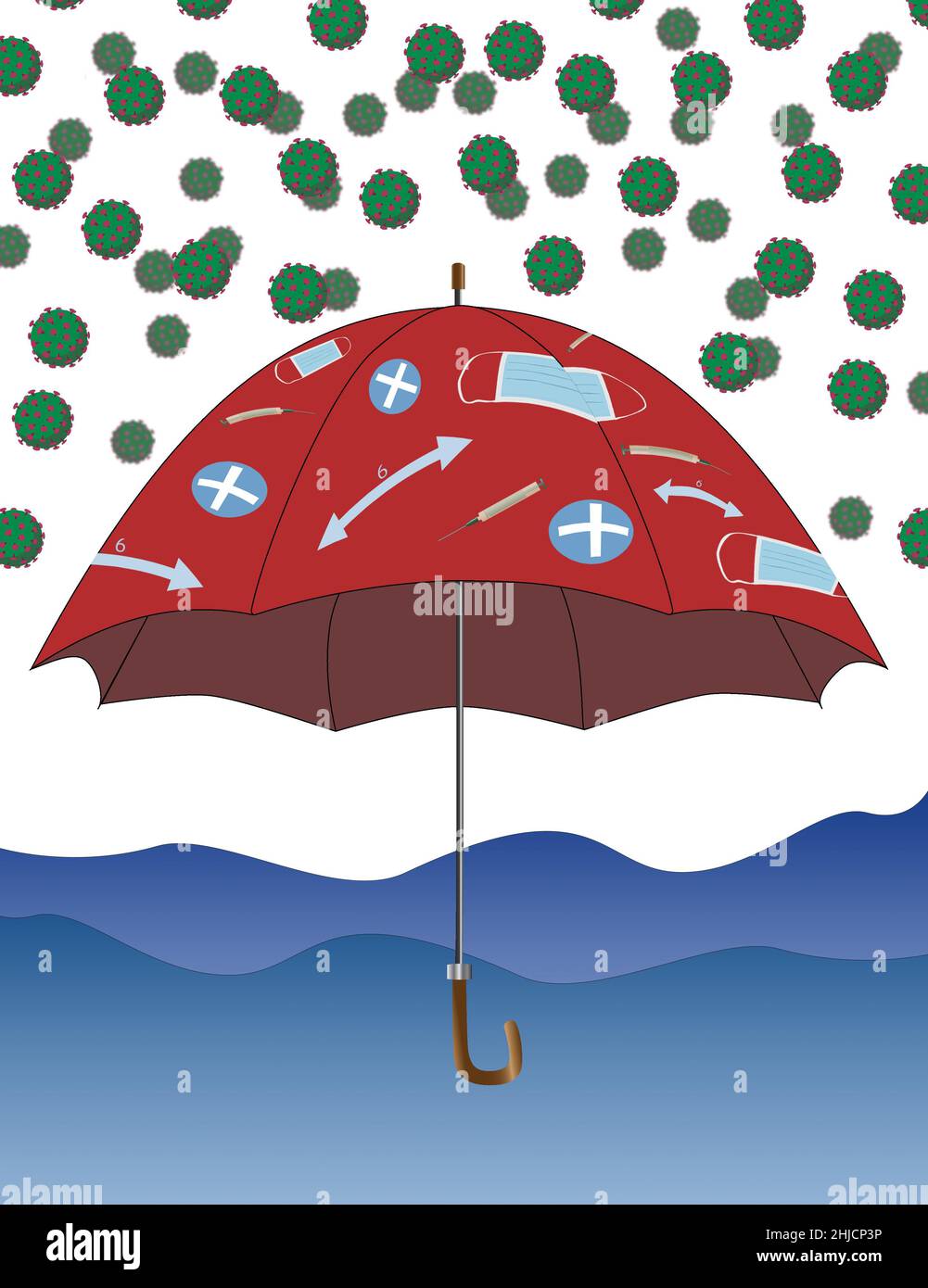 An umbrella with symbols of protection against the coronavirus or COVID-19. Symbols are a syringe with the vaccine, social distancing, healthcare, and masks. Stock Photo