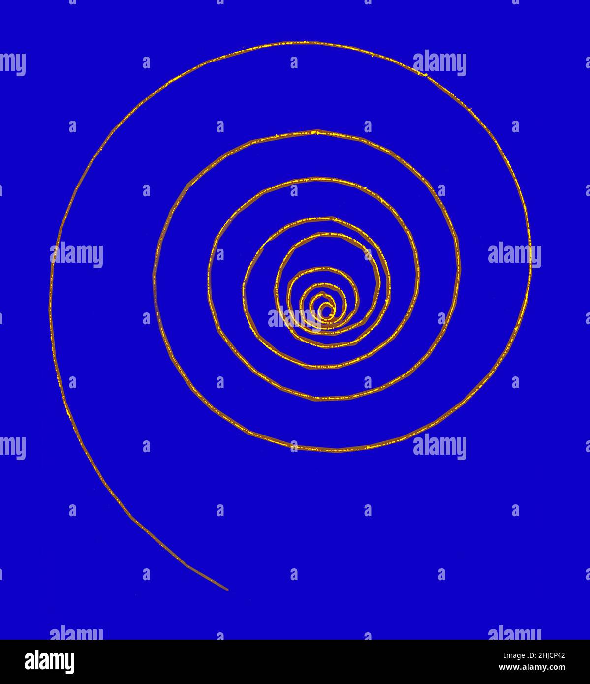 Bubble chamber event. An electron spirals in the magnetic field of the 10 inch (25cm) bubble chamber at Berkeley Lab. As it loses energy in ionizing the liquid hydrogen in the bubble chamber, the electron becomes less and less resistant to the force of the magnetic field and curls inward on successively tighter curls. A bubble chamber is a vessel filled with a superheated transparent liquid (most often liquid hydrogen) used to detect electrically charged particles moving through it. Stock Photo