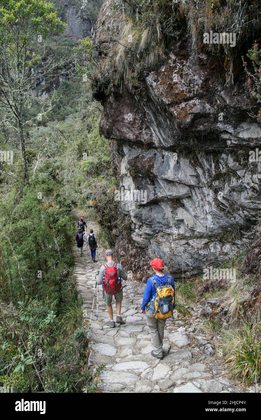 Hikers on the Inca trail trek to Maccu Picchu, Peru Stock Photo