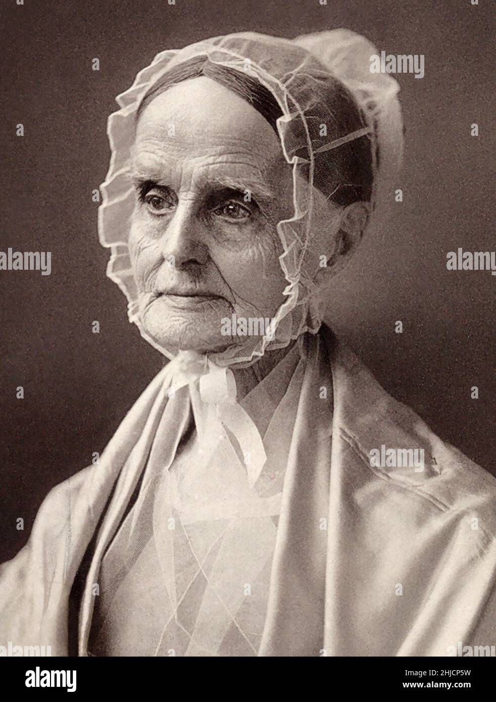 Lucretia Mott (1793-1880) was an American Quaker, abolitionist, women's rights activist, and social reformer. She was inspired to fight for women's rights when she was excluded with other women from the World Anti-Slavery Convention held in London in 1840. In 1848 she was one of the leaders of the Seneca Falls Convention, the first women's rights convention in the US. Photographed by F. Gutekunst in Philadelphia, circa 1870s. Stock Photo