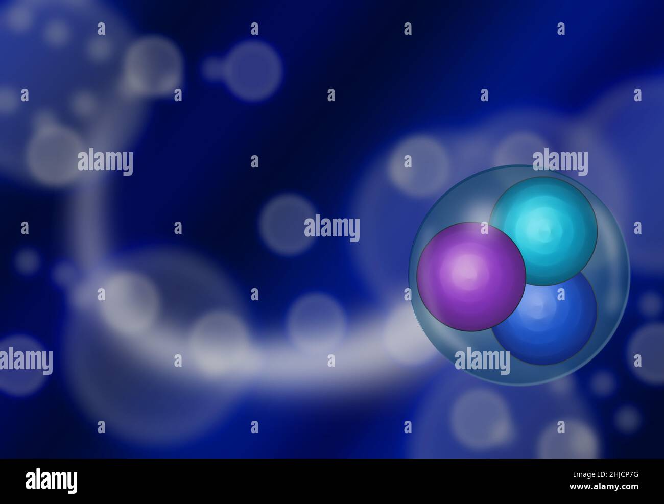 Colorful quarks fly through space in front of a star field in a conceptual illustration. Stock Photo