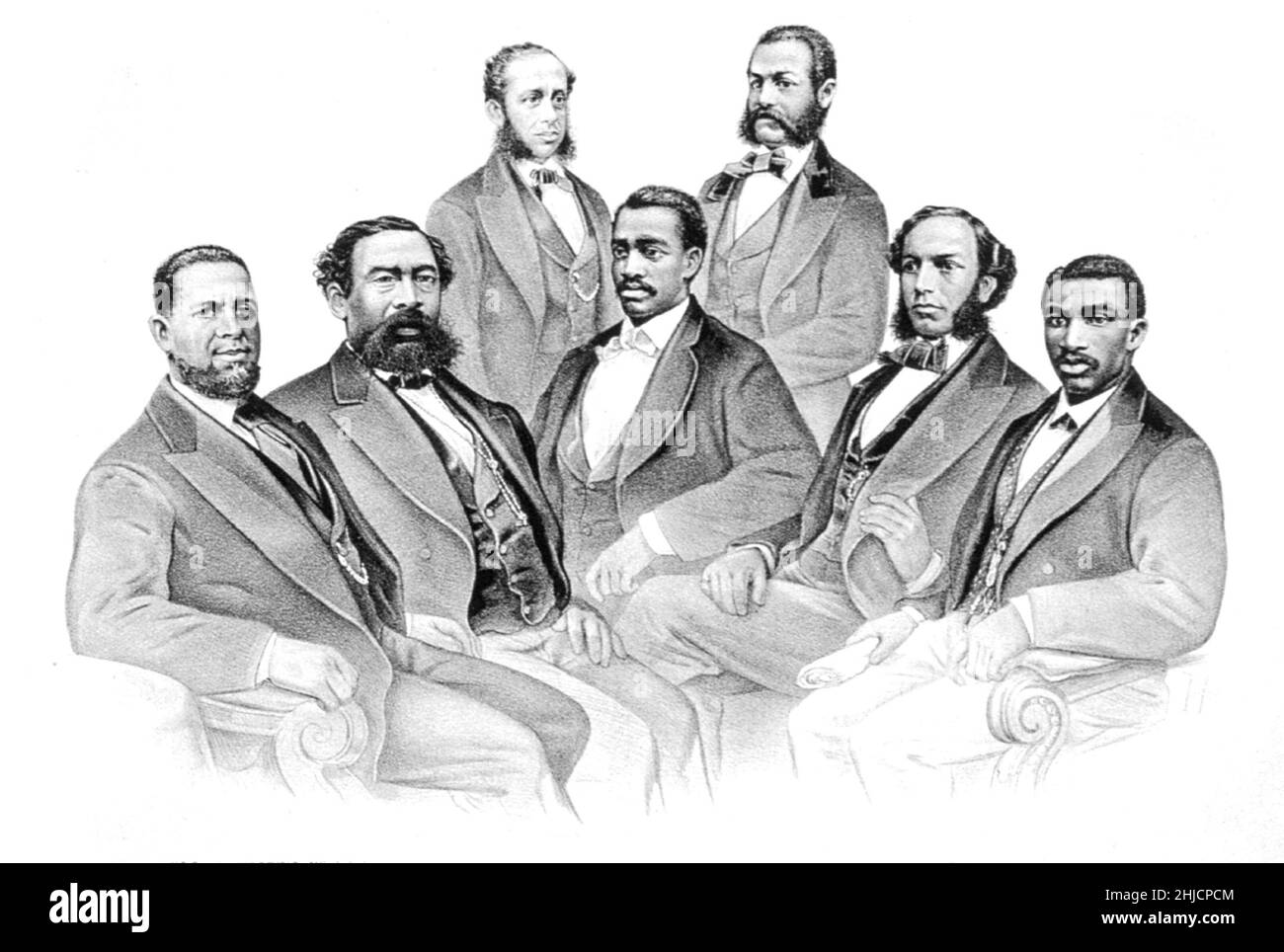 Group portrait of the first Black legislators in the 41st and 42nd Congress of the United States: (from left, front) Robert C. De Large, Jefferson H. Long, Senator Hiram R. Revels, Benjamin S. Turner, Josiah T. Walls, (from left, back) Joseph H. Rainy [Rainey], and R. Brown Elliot. Currier & Ives, 1872. Stock Photo