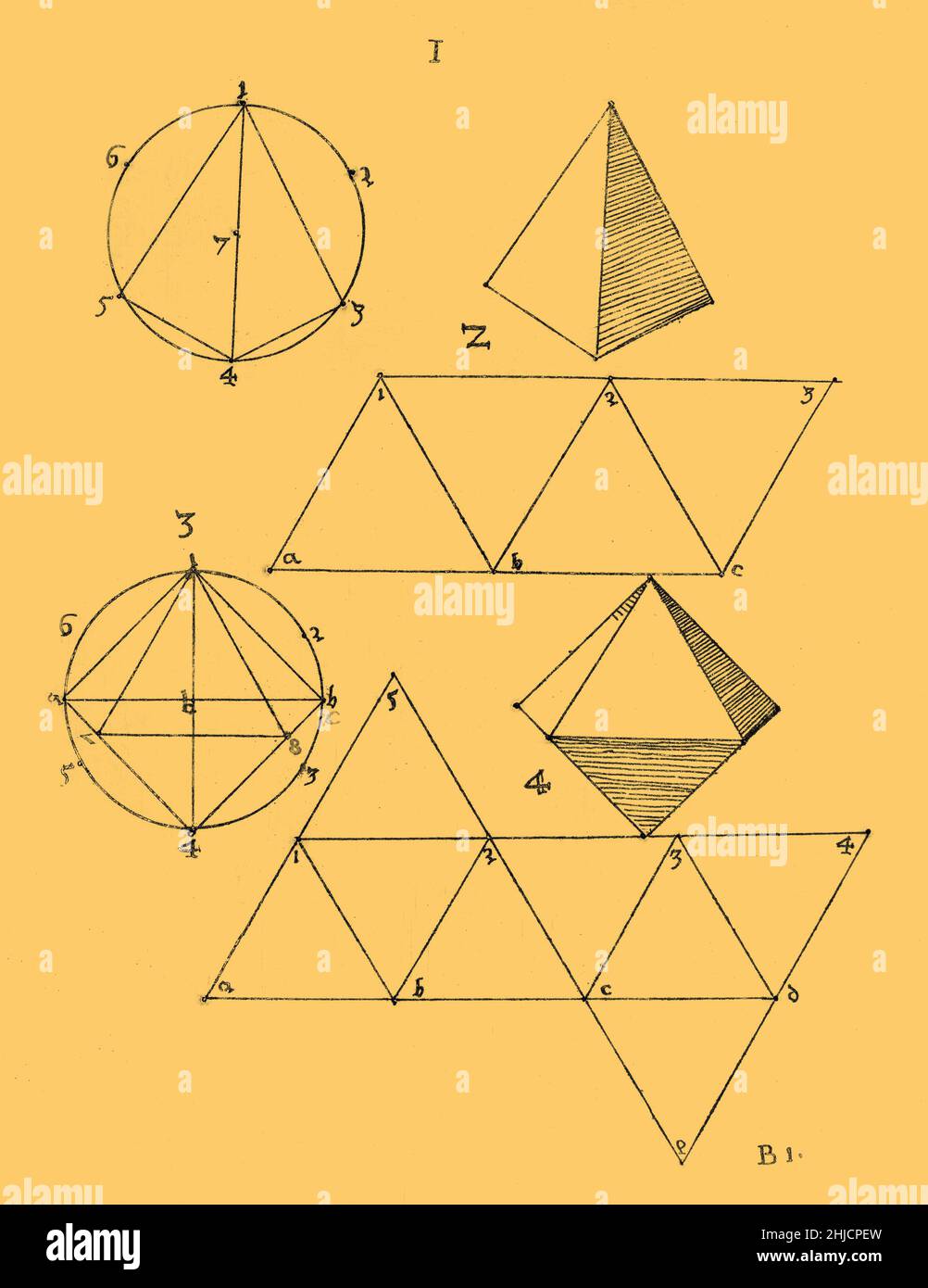 Polyhedral variations based on the five Platonic solids, or 'regular bodies': the tetrahedron, cube, octahedron, dodecahedron, and icosahedron. Etching from 'A True and Thorough Instruction in Geometry,' 1543, by Augustin Hirschvogel (1503‚Äì1553). Color enhanced Stock Photo