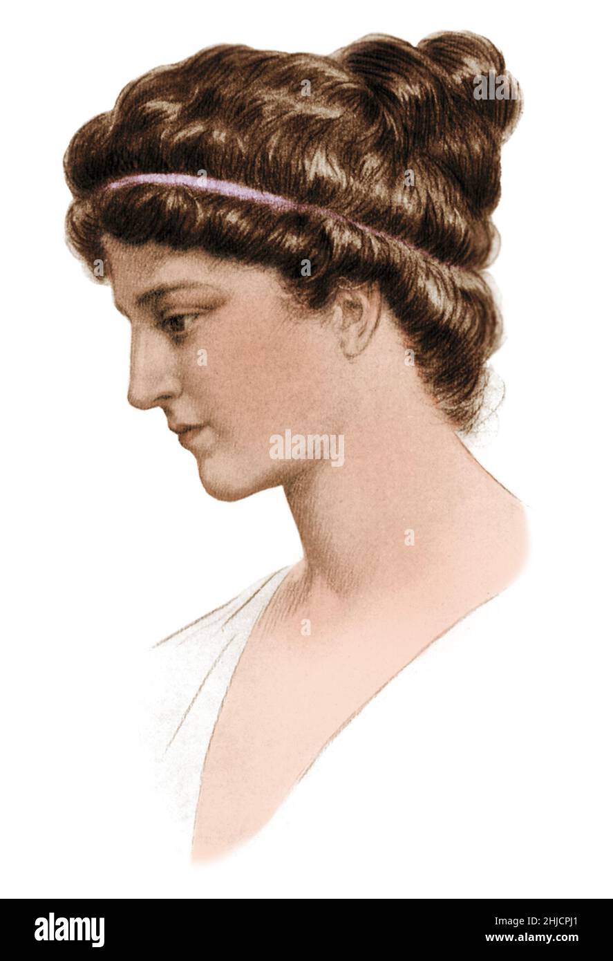 Hypatia, drawn by Jules Maurice Gaspard (1862‚Äì1919), illustration for Elbert Hubbard's 1908 fictional biography. Hypatia (c. 350/370 - 415 AD) was the daughter of Theon, a mathematician in Alexandria, Egypt. She became a prominent mathematician, astronomer, and Neoplatonist philosopher and teacher. She was murdered by a Christian mob. Colorized. Stock Photo