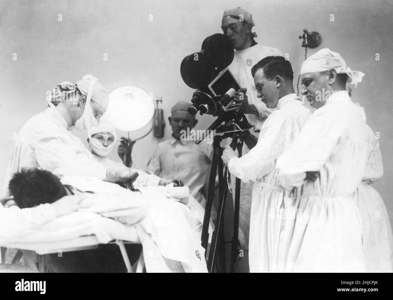 Filming a hernia operation at Walter Reed Hospital, 1918, during World War I. Stock Photo