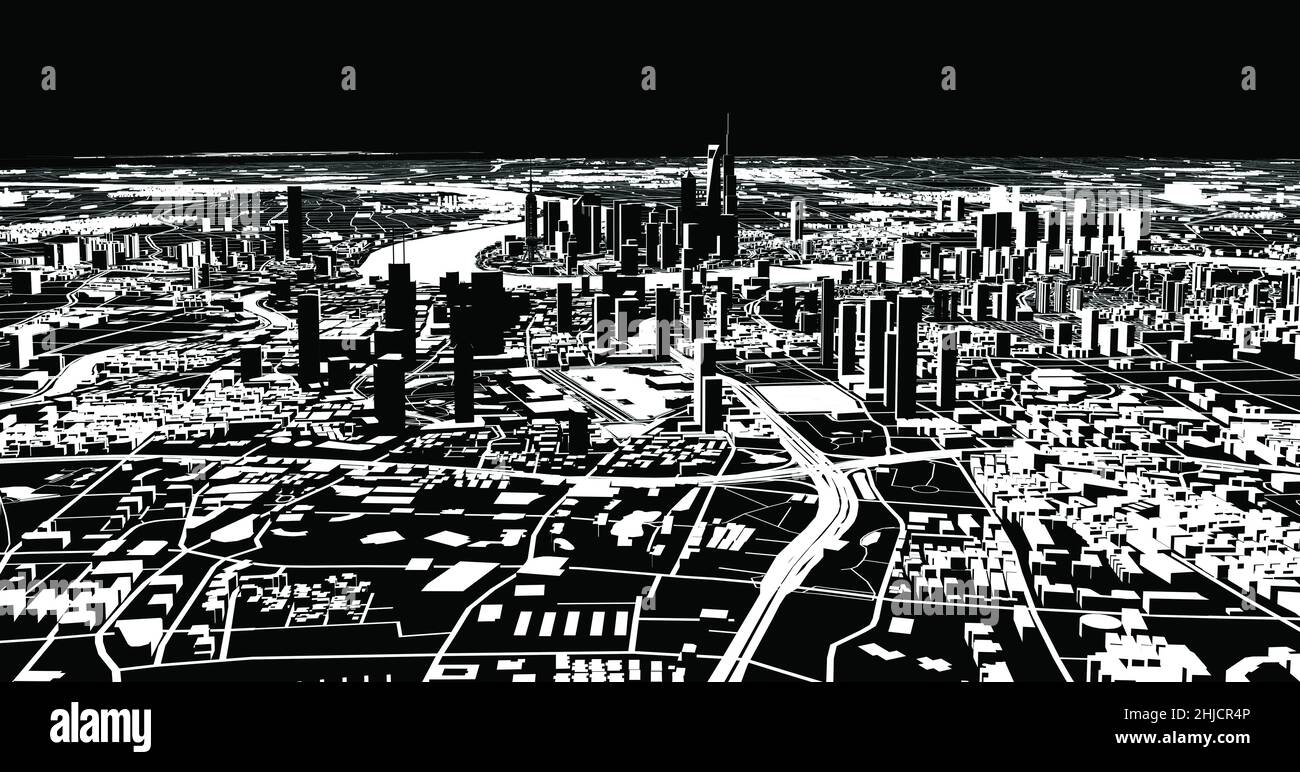 Satellite view of Shanghai, map of the city with house and building. Silhouette, black and white. Skyscrapers. China. People's Republic of China Stock Photo