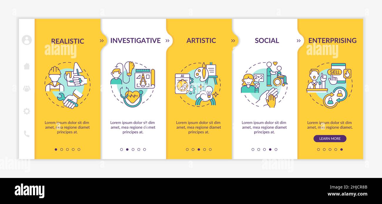Work environments types yellow onboarding template Stock Vector