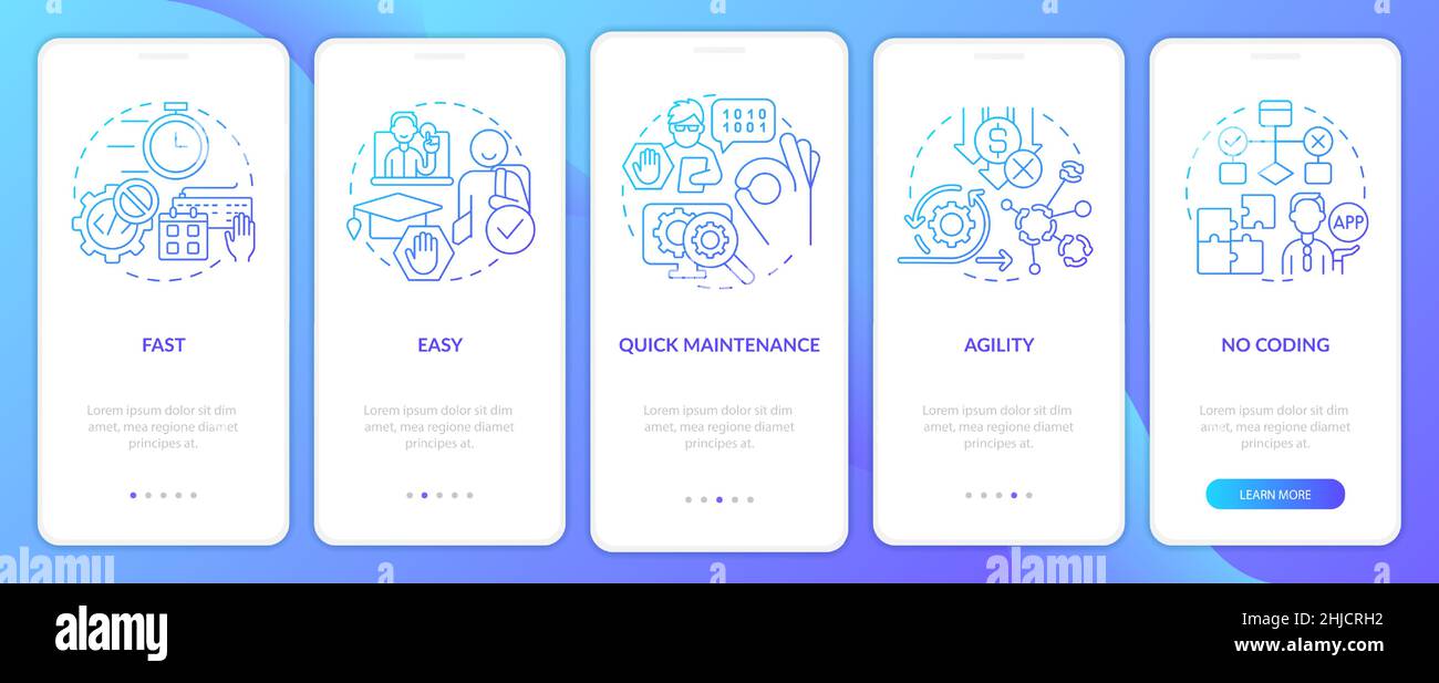 Advantages of no code blue gradient onboarding mobile app screen Stock Vector